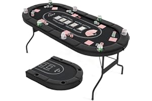 COSTWAY Table de Poker Pliable 182 cm pour 8 Joueurs, Jeu de Cartes avec 8 Porte-gobelets en Métal & Rails Rembourrés, Table de Casino pour Salle de Jeux, Maison (Noir)