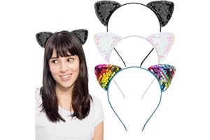 DIMEHO 3 sztuki opasek do włosów z kocimi uszami, brokatowe kocie uszy włosów, cekiny, opaski na czoło dla dziewcząt, opaska na włosy z uszami, kocie włosy, na imprezę urodzinową, cosplay, do codziennej