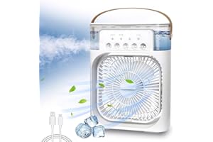 BULLTEK Ventilateur USB C Mini Climatiseur de Table avec Vaporisateur D'eau, Diffuseur D'odeurs, Minuterie Arrêt Automatique, Pivotant, LED 7 Couleurs, Silencieux Portable, Maison, Bureau, Camping
