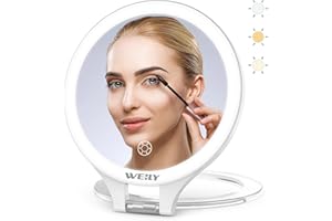 WEILY espejo de maquillaje con iluminación, aumento 10X/1X, doble cara, 3 luces de color, control táctil, portátil recargable para dormitorio y baño