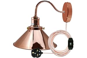 LEDSone Przemysłowy kinkiet ścienny w kolorze różowego złota z kablem wtykowym, metalowy klosz w stylu vintage, rustykalny dom wiejski z włącznikiem/wyłącznikiem - łatwa instalacja lampa ścienna do