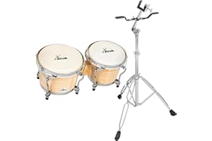 XDrum Bongos Pro Natur - 2 tambours de 6,5" (17 cm) et 7,5" (20 cm) de diamètre - Bongos avec peaux naturelles accordables, clé d’accord et support - Tambours en bois couleur naturelle