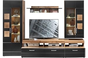 Stella Trading SONATE - Juego Completo de Muebles de Pared en Aspecto de Madera de Roble Envejecido y Negro, Moderno Mueble de Pared con iluminación led para tu Sala de Estar, 330 x 208 x 52 cm