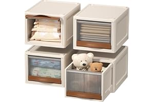 HAIXIN Boite rangement plastique, 16.5L boite de rangement, caisse rangement empilable avec couvercle et tiroir, Rangement Chambre à Coucher, blanc laiteux/poignée marron (lot de 4)