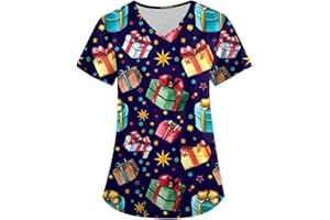 WDCHAOYUE Christmas Scrubs Nurses Top Healthcare Tunic Christmas Short Sleeve Santa Claus for Career Day Christmas Uniforms for Women Dog Grooming Workwear Santa Claus Christmas Beauty Salon Work Top for Ladies