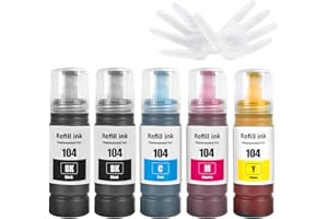 GREENPRINT 5Pack Compatible 104 Ink Bottles 4500 Pages Black 7500 Pages CMY for ET-2710 ET-2711 ET-2712 ET-2714 ET-2715 ET-2720 ET-2721 ET-2726 ET-4700 ET-2810 ET-2815 ET-2820 ET-2821 ET-2825 Printers