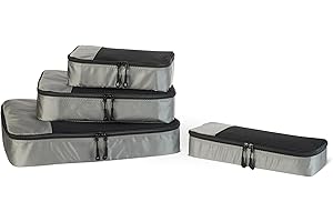 Amazon Essentials 4-Piece Packing Cubes Travel Accessories Set, Luggage Organiser with Double Zip, Mesh Top, 100% Polyester, Small/Medium/Large/Slim, Grey (Previously Amazon Basics)