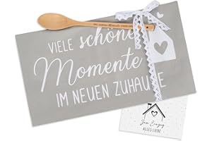 ZJKUBOIS Geschenk zum Einzug - Viele Schöne Momente im Neuen Zuhause Geschirrtuch, Kochlöffel aus Holz und Karte, Einzugsgeschenke Wohnung Haus
