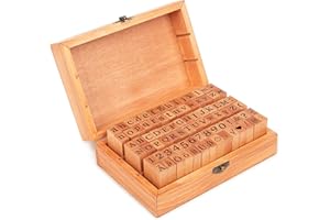 AUSYDE Zestaw pieczątek z alfabetem, 84 szt., drewniane znaczki w stylu vintage, litery alfabetu, z pudełkiem do przechowywania, symbole liczb, do sztuki, rzemiosła
