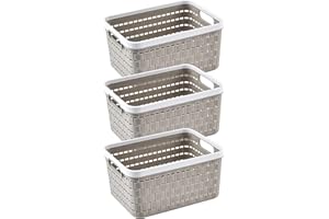 GLAITC Cestas de Almacenamiento de plástico,3 piezas Cajas para Almacenamiento Organizador de Almacenamiento Cesta de Rectangular con asas Cesta de tejido de plástico para cocina, baño y armario (light gray)