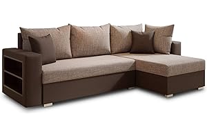 ‎SOFNET Ecksofa Lord mit Regal und Schlaffunktion - Sofa mit Bettkasten, Schlafsofa, Polsterecke, Couch L-Form, Couchgarnitur, Sofagarnitur (Braun + Beige (Dolaro 33 + Berlin 03), Ecksofa Rechts)
