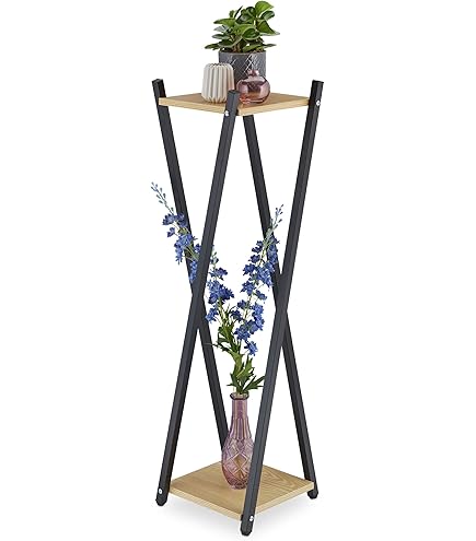 Dandibo – Tabouret pour fleurs 96353 – Métal noir avec surface en bois – Hauteur 100 cm, largeur 24 cm – Support stable pour plantes d'intérieur et extérieur