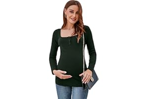 KOJOOIN Damen Schwanger Shirt Umstandsbluse Schwangerschafts Langarm Stillshirt Umstandspullover Umstandsmode Quadratischer Kragen mit Seite Geraffen (Verpackung MEHRWEG)