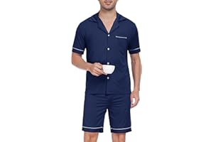 Sopesil Pigiama Uomo Estivo Corto Pigiami Due Pezzi Uomo Cotone con Bottoni Davanti e Maniche Corte Abbigliamento da Notte con Tasche Coulisse