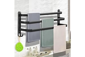 AMZJMT Porte Serviette Salle de Bain à 3 Niveaux,Porte Serviette Murale,Aucun perçage requis pour Porte-Serviettes avec 4 Crochets, adapté à la Salle de Bain, à la Cuisine, Placard, Noir