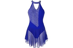 Jowowha Femme Robe de Danse Latin Ballet Salsa Tutu Gym Robe sans Manches Strass Justaucorps Gymnastique Robe Patinage Artistique Robe Chic Elégante Bodysuit S-XL