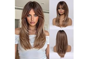 Esmee Peluca Larga y Lisa de Castaño a Rubio con Flequillo Cortina Pelucas de Pelo Sintético en Capas para Mujer para Uso Diario en Fiestas