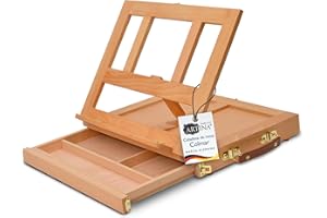 Artina Colmar Caballete de mesa de madera de haya lubricada – Tablero de dibujo estable y ajustable con almacenamiento para pintar y dibujar – Caballete de mesa antideslizante en estuche