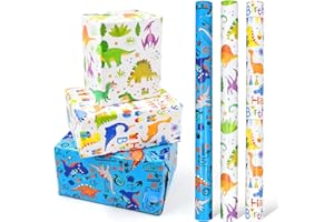 LZRINUE 3 rouleaux de papier d'emballage dinosaure 43cm x 3m, papier d'emballage réutilisable pour cadeau de joyeux anniversaire pour enfants, emballage cadeau d'anniversaire pour garçon