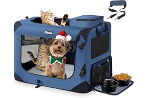 Reerooh Hundebox M 60x42x42cm, Faltbar Hundetransportbox Inkl.Hundenapf, Tragbare Hundetasche für Reisen, Hunde und Katzen Auto Haustiertransportbox(M, Dunkelblau)