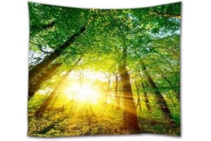 A.Monamour Tapisseries Soleil À Travers La Forêt Verte Arbres Coucher De Soleil Paysage Nature Paysage Impression Tissu De Polyester Bannières Tenture Murale Tapisserie Fenêtre Rideau Art Décors