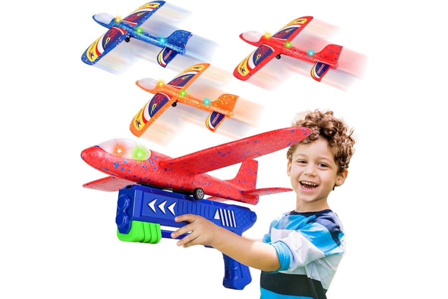 TODARRUN Airplane Launcher Toy, 3 Pack LED Foam Glider Planes with 2 Flight Modes for Kids, Outdoor Garden Toys for Age 3 4 5 6 7 8 9 10 Boys Girls Birthday