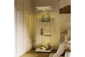 BPKADHY Vetrina in vetro, vetrina a LED, illuminazione con serratura e 1 ante, 3 scomparti con vetrina in vetro, per oggetti da collezione, libri, modelli, giocattoli (1 porta, 3 piani, bianco)