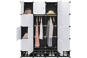 ‎WOLTU WOLTU Kleiderschrank mit 16 Würfeln, 4‑Fächern, Garderobenschrank aus Kunststoff in Schwarz‑Weiß, mit 2 Kleiderstangen, Schlafzimmerschrank 148 × 35 × 165 cm, SR0090sw