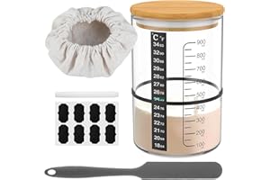 OROMYO Juego de 8 tarros de masa madre para principiantes, de 900 ml, con tapa de madera, banda de goma, papel para termómetro, raspador, gorro de tela, etiqueta y bolígrafo