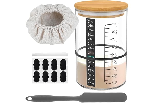 Lot de 8 pots de démarrage au levain de 900 ml avec couvercle en bois, élastique, papier thermomètre, grattoir, chapeau en tissu, étiquette et stylo Pot à levain pour la cuisson du pain au levain