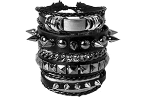 Eigso 3 Pcs Black Wide Studded Spikes Studded Cool Punk Steampunk 80s Theme Retro Bracelets for Men and Women with Adjustable Buckle
