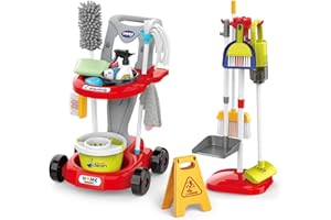 Sotodik Trousse de Nettoyage pour Enfants, Chariot Menage Enfant, Aspirateur Enfant Jouet, pour Les Tout Petits avec Balai Vadrouille Plumeau Pelle Brosses Chiffon,Jouets De Nettoyage Cadeau (Rouge)