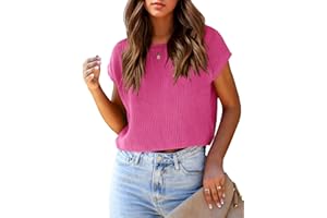 Saodimallsu Damski sweter z krótkim rękawem na lato, seksowny sweter z dzianiny, okrągły dekolt, lekka cienka dzianina, koszulka basic