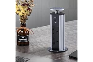 CURUK Pop Up Plug Socket with USB C and 2 USB Charging Ports 3 Plug Extension Desk Power for Kitchen Worktops Home Office - Silver