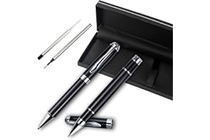 YUN CHUN 2PCS Luxury Carbon Fiber Ballpoint and Rollerball Pen Set, Medium Point Liquid Black Ink Pens with 2 Extra Refills, Retractable Ball Pen for Writing, Best Pen Gift Set for Men & Women