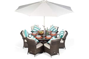 GIARDINO Arizona Luxury Rattan Dining Set | Round 6 Seater Brown Rattan Dining Set | Outdoor Poly Rattan Garden Table & Chairs Set | Patio Conservatory Wicker Garden Dining Furniture with Parasol & Cover