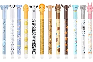 Thboxes 12 Stück Radierbarer Kugelschreiber, 0,5mm Radierbare Stifte Cartoon Gelstifte Radierbar Tiere Tintenroller Radierbar Erasable Pen für Schulsachen Bürobedarf (Schwarzer, Blauer)