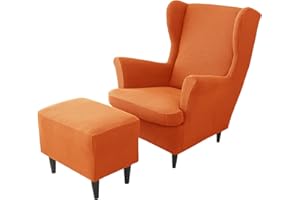 JHLD Stretch Husse für Ohrensessel Mit Ottomane Schonbezug, 2 Stück Husse für Ohrensessel Jacquard Ohrensessel Schonbezug Hockerbezug Für Hunde Katzen -Orange-3 Stück