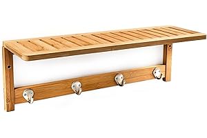 ‎RELAXDAYS Relaxdays Regał ścienny z listwą z haczykami, wys. x szer. x gł.: 18 x 50 x 16 cm, wieszak ścienny z 4 haczykami, regał łazienkowy z wieszakiem na ręczniki, bambusowy wieszak na ręczniki, garderoba do