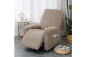 Hearda 1 Seater Jacquard Recliner Chair Cover, Recliner Slipcover for Electric Chair with Pockets, 4 Pieces Stretch Recliner Sofa Covers, Non-Slip Armchair Covers, Sofa Slipcovers Protector-Khaki