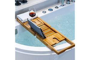 HUOLE Plateau de Rangement pour Baignoire, Plateau de Rangement de Salle de Bain Extensible, Plateau de Baignoire en Bambou Naturel,Plateau de Bain en Bambou rétractable, 70-105cm