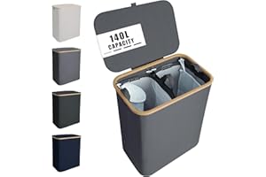 NOSTHEART 140L Cesto Portabiancheria con Coperchio, Cesta Portapanni con 2 Scomparti con Manici Laterali in Bambù, Cesto Biancheria Sporca Salvaspazio e Pieghevole, XL