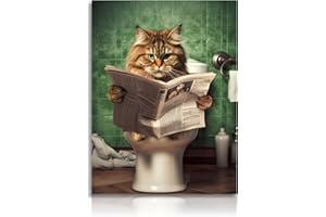 Dazzlewall Affiche Decoration Murale Salle de Bain en Toile, Chat Marrant Assis dans les Toilettes Lisant le Journal, Art Mural Vert Vintage pour la Salle de Bain Toilettes 30x40 cm Sans Cadre