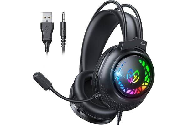 Tatybo Cascos Gaming para Ps4/Ps5/PC/Switch, Auriculares Gaming con Doble Diadema Adaptable, 3D Estéreo Sonido, Cascos con Cable Ligero con Luz RGB