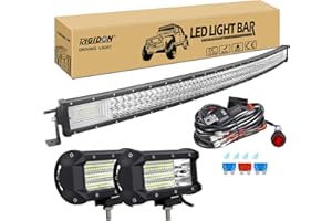 RIGIDON 50 Pouces 127 cm 648W incurvée barre de led 4x4 avec 12v faisceau de câblage kit, 2 x 5 Pouces 135W phare de travail led, Barre lumineuse led pour offroad Voiture camions ATV tracteur, 6000K