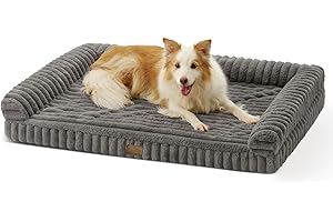COZY KISS Orthopaedic Dog Bed for Extra Large Dogs, 110 x 80 x 17 cm, Dog Sofa with Soft Faux Fur & Cord Cover, Egg-shaped Crate Foam, Ergonomic Dog Basket, Removable & Washable, Grey, XL