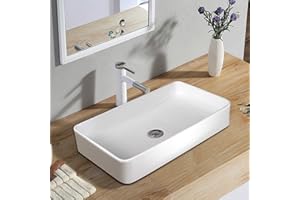 LIFEZEAL Vasque à Poser Lavabo Salle de Bain 60 x 35 x 11cm, Glaçure en Porcelaine, Rectangulaire, Vidange Escamotable, Idéal pour Maison Restaurant et Hôtel, Blanc
