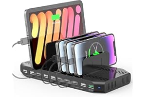 Alxum 60W 10 Ports Multi-Device Charging Station With 1*QC3.0 Fast Charge+9*USB A Port, Organizer for Tablet, Mobile Phone and More Black