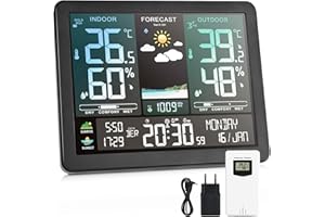 Herboom Wetterstation Funk mit Außensensor mit Wettervorhersage, mit 7,4 Zoll VA-Display und Außensensor für Temperatur, Luftfeuchtigkeit, Wind, Luftdruck- Batteriebetrieb und Netzbetrieb, Schwarz