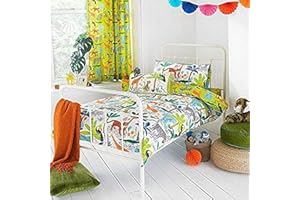 Riva Paoletti Kids Jungletastic Toddler Duvet Cover Set - Multicolour White - Reversible Jungle Animal Design - 1 X Pillowcase Included - Polycotton - Machine Washable - 120 X 150Cm (47" X 59" Inches)